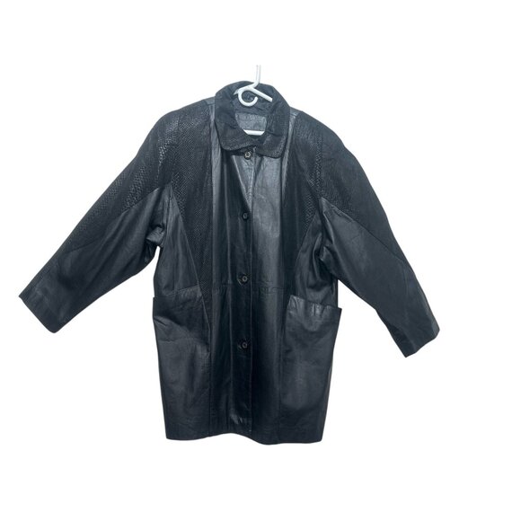 Vintage Retro Leather Jacket Coat Mens XL Black Button Down Western Snake Suede - Picture 1 of 16